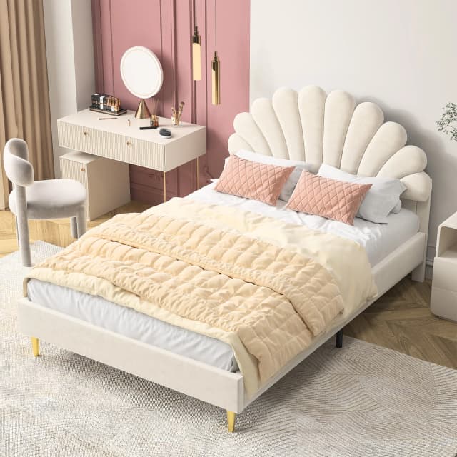 Cama Estofada Anajqaqia 90/140x200cm, Cama de Casal, Estrutura de Cama com Cabeceira em Forma de Flor, Tecido de Veludo, Bege