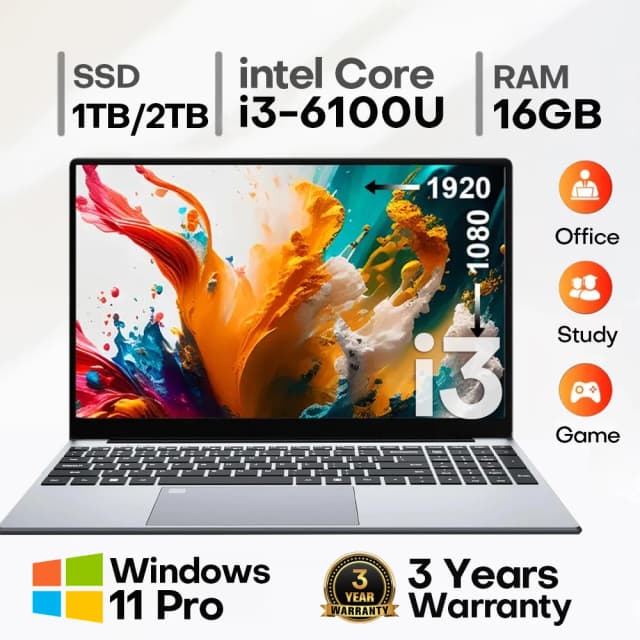 15.6 "intel core i3 6100u computador portátil windows 11 pro 16gb ram 512gb 1tb ssd portátil notebook pc escritório estudo laptops