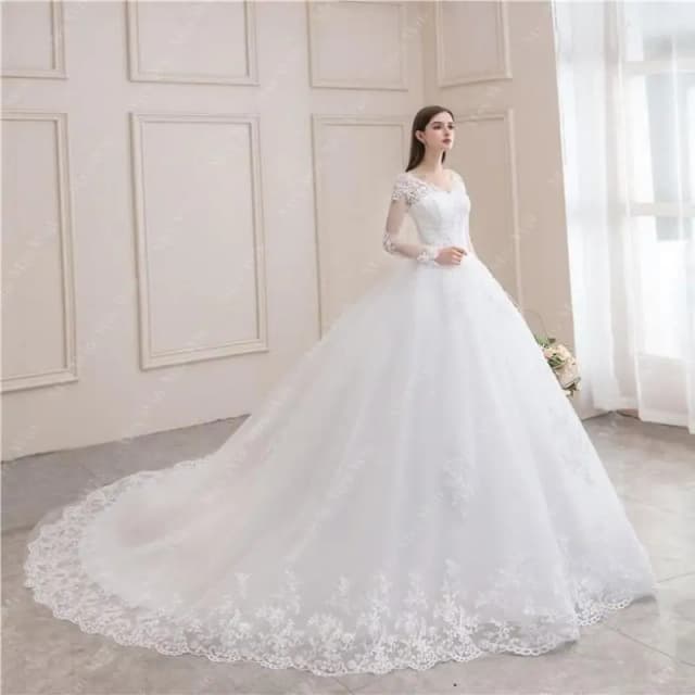 Vestido de noiva luxuoso manga cheia com trem para a noiva, vestidos clássicos princesa, sexy V-Neck, vestido de baile, novo, 2023