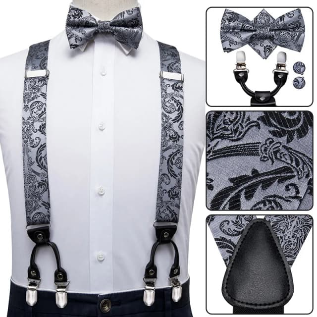 Hi-tie conjunto de suspensórios masculinos de seda, vintage, dourado, floral, de couro, conjunto de gravata borboleta, metal, 6 grampos, suspensórios