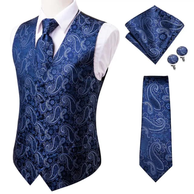Hi-tie 20 cores de seda coletes masculinos gravata negócios formal vestido fino sem mangas jaqueta 4pc lenço abotoadura azul paisley terno colete