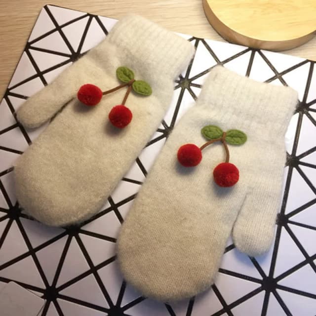 Dedo cheio feminino tricô luvas, luvas, luvas, cereja, mais veludo dentro, engrossar, à prova de vento, macio, fêmea, bonito, adorável, inverno