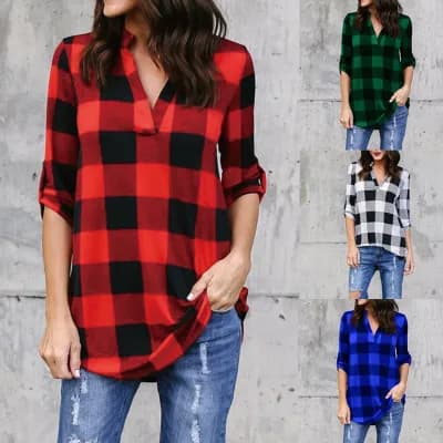 Novo casual vermelho xadrez blusas femininas preto vermelho verificação estilo namorado camisas soltas outono 5xl plus size