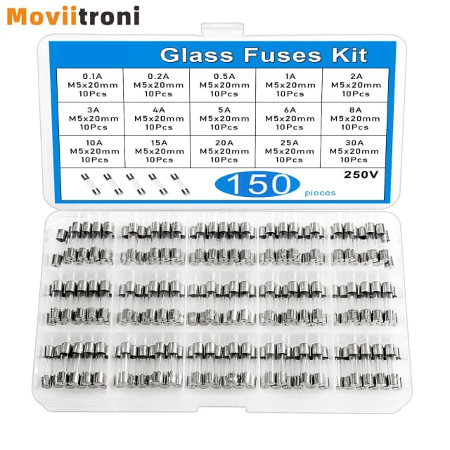 100/150pcs Kit de sortimento de fusíveis de vidro de sopro rápido 15 valores M5x20mm 0,1A-30A