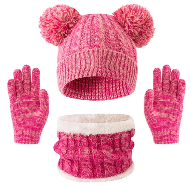 Conjunto de luvas e cachecol para crianças de inverno, chapéu fofo de malha quente para crianças de 3 a 12 anos, perfeito para meninos e meninas
