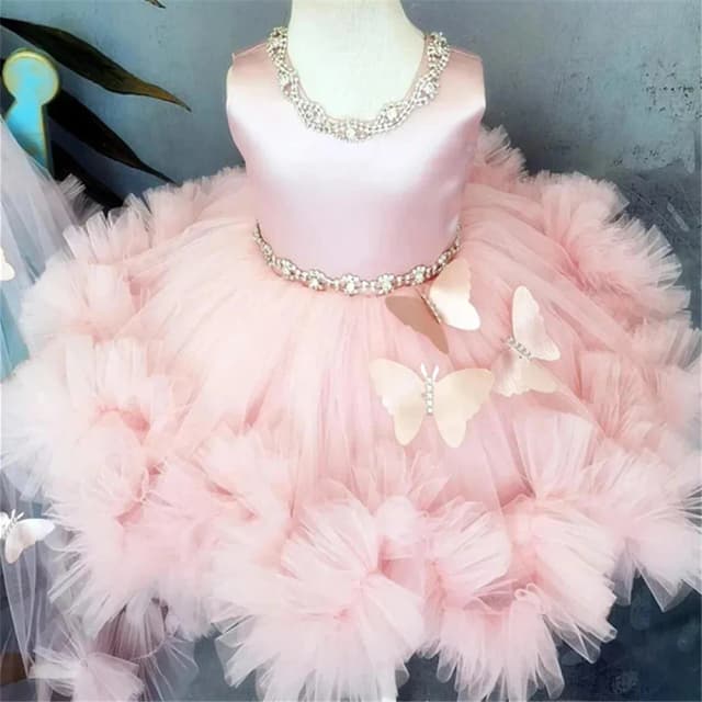 Lindo vestido sem mangas rosa Beading, arco borboleta 3D, florista, vestidos de festa eucarística da criança