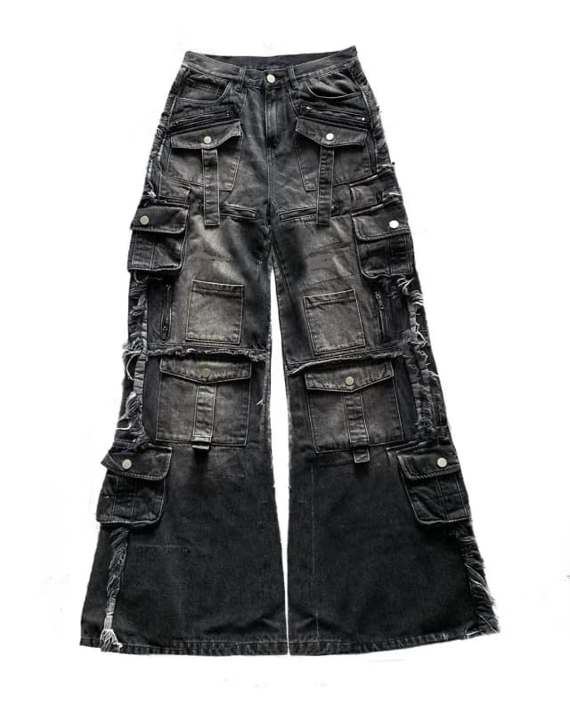 Gótico harajuku y2k multi-bolso lavado preto jeans masculino outono solto calças de arrasto rua hip hop rap 90s spice girls calças de perna larga