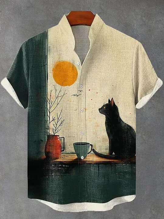 Verão masculino retro dos desenhos animados anime gato tema camisa de manga curta topos moda casual férias streetwear camisa masculina