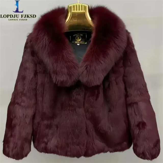 Abrigo de piel de conejo Rex auténtica para mujer, Chaqueta corta gruesa y cálida, nueva moda, cuello de piel de zorro, ropa de abrigo cálida elegante para mujer