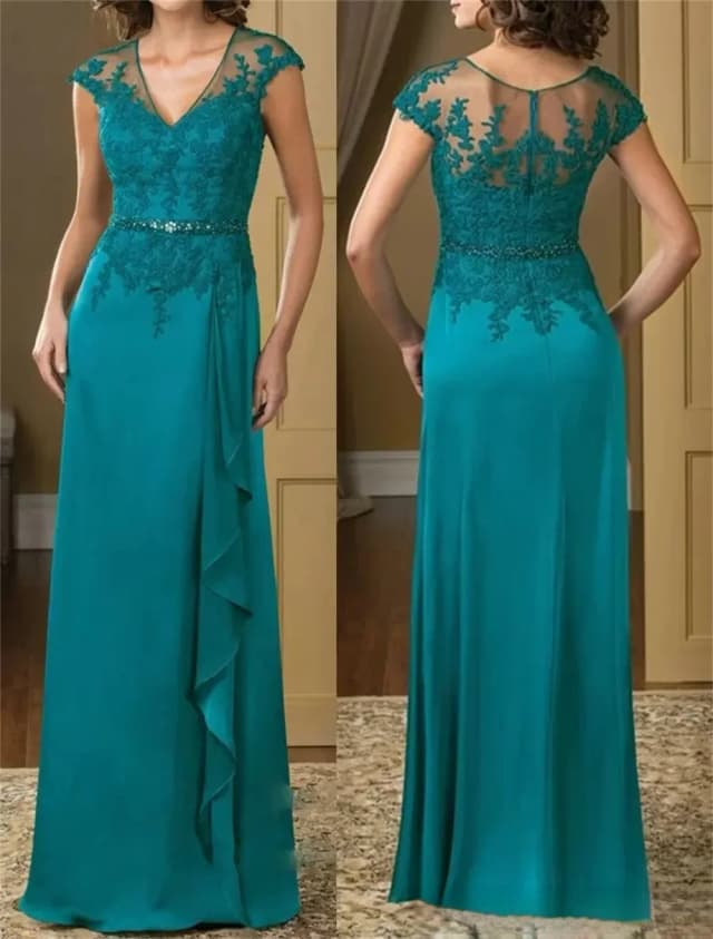 Mãe do vestido de noiva, vestido elegante rendas até o chão, chiffon turquesa, manga curta, babados cinto, tamanhos plus, 2023