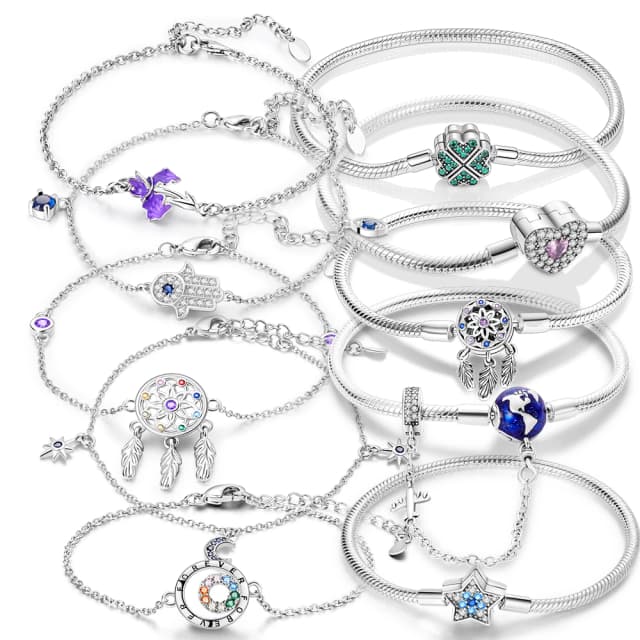 Pulseira banhada a prata com estrelas em formato de coração, borboletas, trevo, fecho para mulheres, contas originais, faça você mesmo, presente