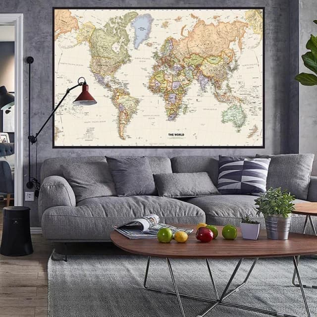 Mapa mundi retrô de 150x100cm, mapa detalhado de cidades principais em cada país, pintura em tela não tecida, sala de estar, decoração de casa