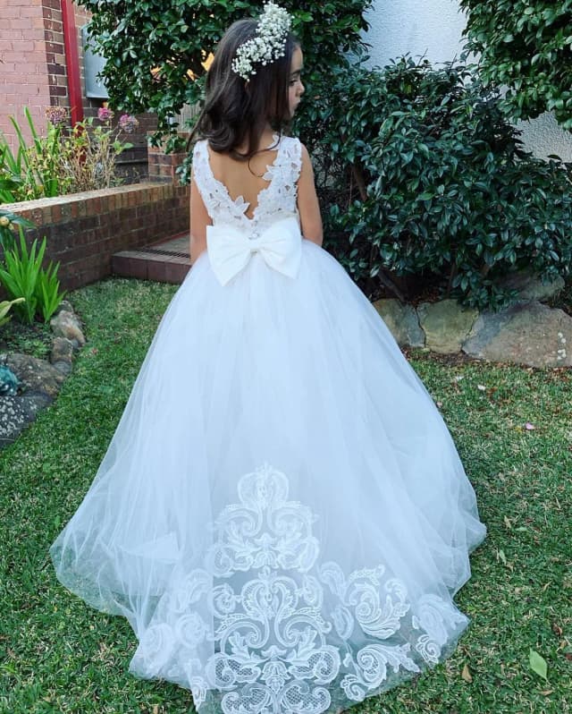 Babyonline 3-9 anos rendas tule vestidos da menina de flor princesa para criança festa de casamento longo trem júnior vestido de dama de honra