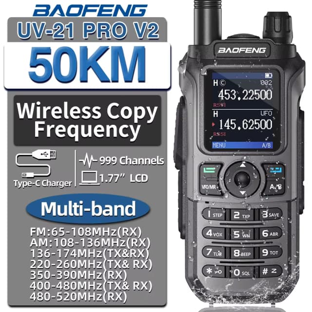 Baofeng UV-21 Pro V2 Frequência de cópia sem fio Mutli Band Poderosa à prova d'água de longo alcance UV-5R de longo alcance tipo C rádio amador em dois sentidos