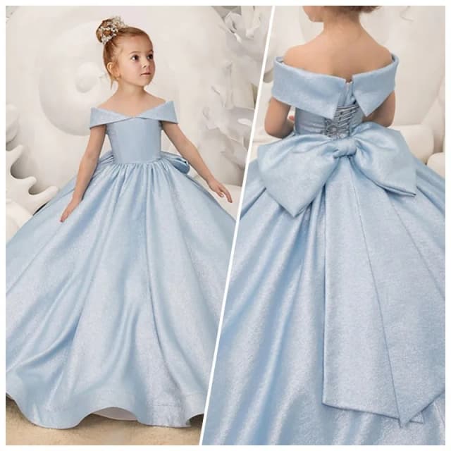 Fora do ombro longo vestidos da menina de flor elegante arco princesa cetim vestido de baile para crianças festa aniversário primeira comunhão vestido