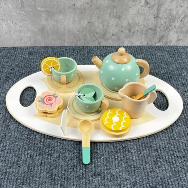 Conjunto de chá de madeira para meninas, brinquedos de madeira para crianças pequenas, conjunto de chá, acessórios de cozinha para crianças, brinquedos de festa de chá
