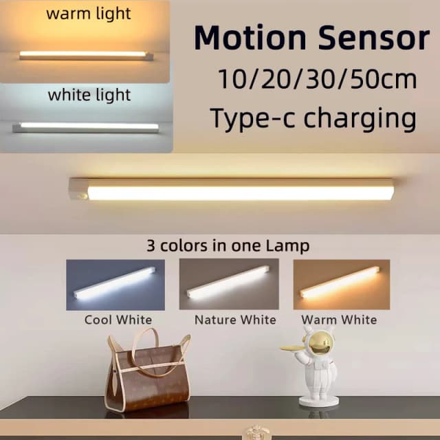 Lâmpada com Sensor de Movimento Luz Noturna LED Sem Fio Recarregável via USB Tipo C para Iluminação de Armário de Cozinha Quarto Guarda-Roupa Escada