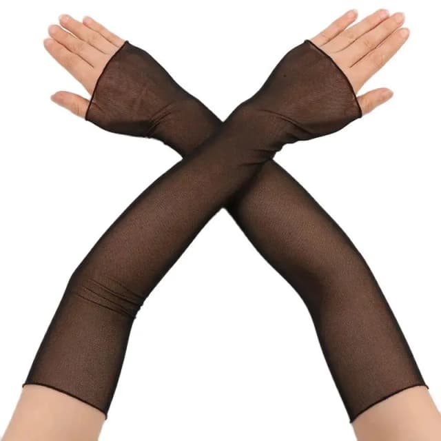 Mulheres sexy alta elasticidade respirável malha fina transparente apertado luvas sem dedos verão proteção solar babados
