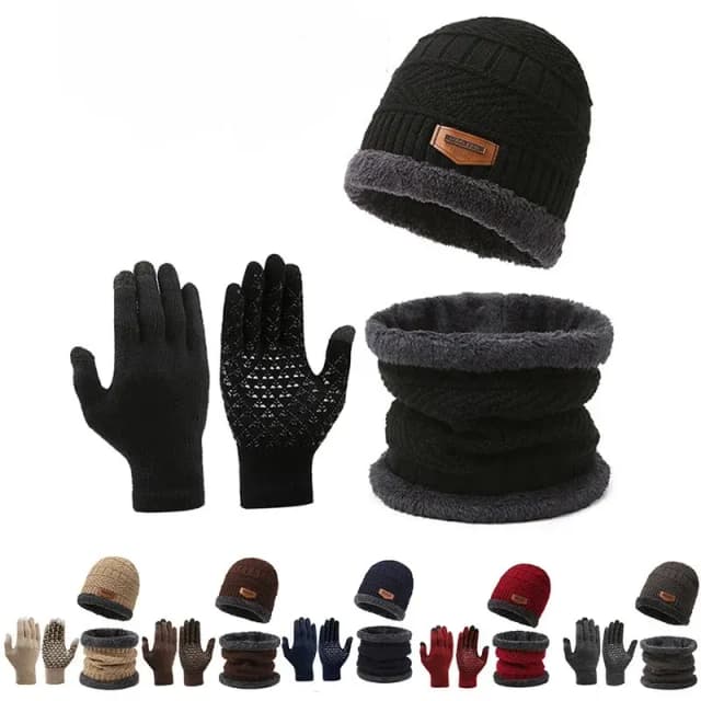 Chapéu de malha de cashmere windproof masculino, cachecol no pescoço, luvas, viagem ao ar livre, lazer, quente, 3 peças, 1 plus, inverno