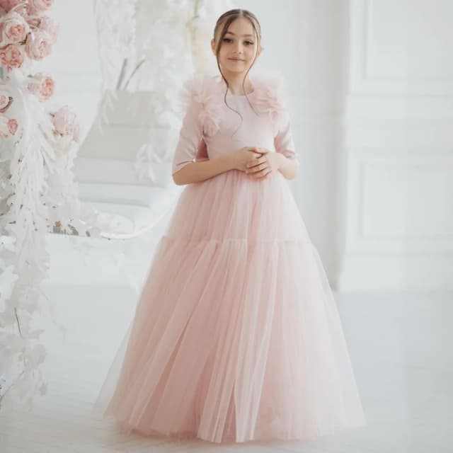 Vestidos florais rosa claro personalizados para meninas, tule com laço, meia manga para casamento, festa de aniversário, banquete, vestidos de princesa