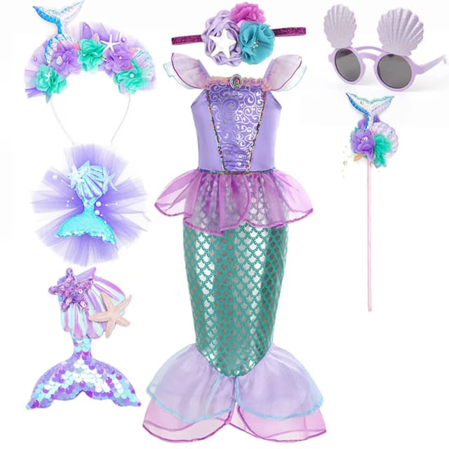Fantasia de Princesa Ariel da Pequena Sereia para o Halloween, Vestido Roxo de Verão para Meninas, Cosplay de Sereia, Conjunto de Roupa de Banho para Festa de Aniversário e Carnaval