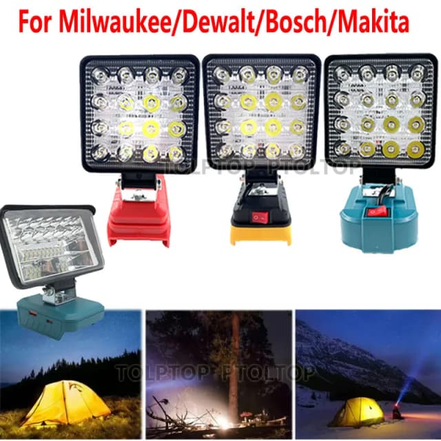 Nova lanterna led ao ar livre luzes de inundação para makita/dewalt/milwaukee/bosch 18v li-ion bateria luz trabalho iluminação acampamento bl1430