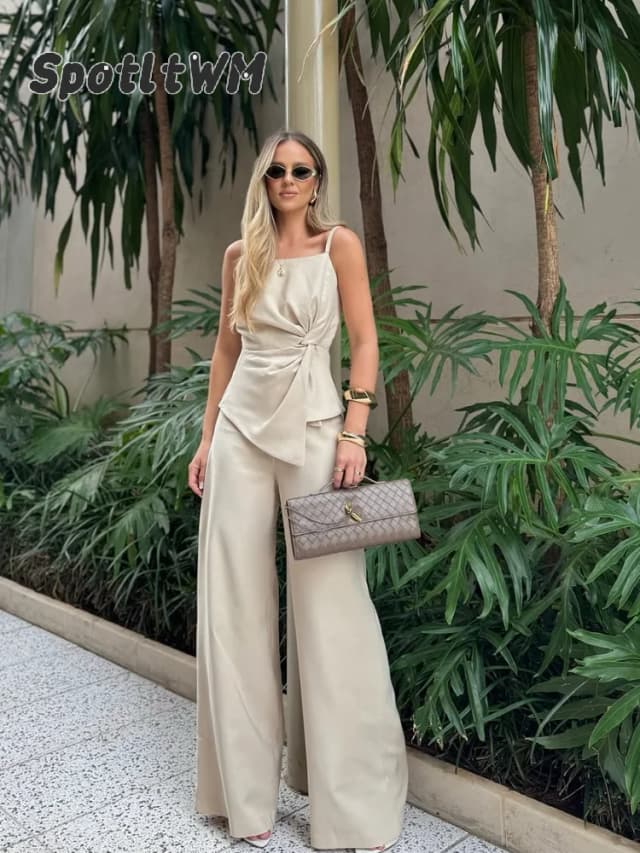 Feminino sólido sem mangas estilingue plissado calças superiores 2 pçs conjunto moda dividir curto topos de cintura alta calças largas novas roupas das senhoras