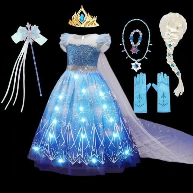 Vestido de Halloween para Meninas Elsa com Luzes, Fantasia de Carnaval Frozen, Vestido Brilhante para Aniversário de Meninas, Cosplay de Princesa
