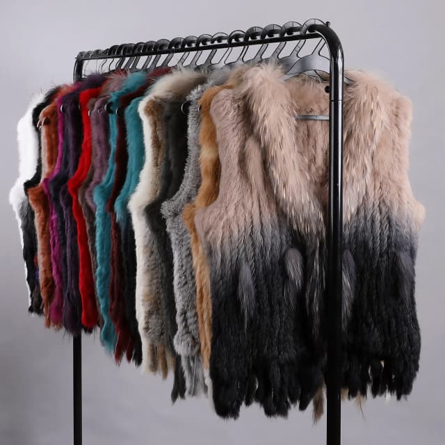 Chaleco tejido de piel de conejo de pelo largo auténtico de lujo para mujer, chaleco con adorno de piel de mapache, chaleco sin mangas para mujer, chaqueta de piel auténtica