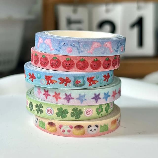 Fita washi decorativa de tomate fofa, fita adesiva de trevo de quatro folhas kawaii com fita washi de papel de liberação com filme brilhante revestido de areia