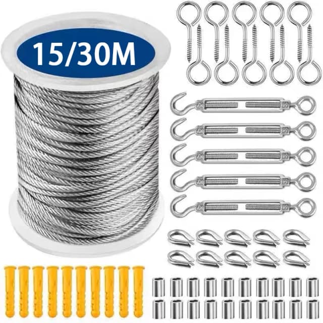 15/30m kits de corda de cabo de aço inoxidável resistente cabo de fio de jardim varanda trilhos fazenda cerca tenda rolo 304 pvc revestido