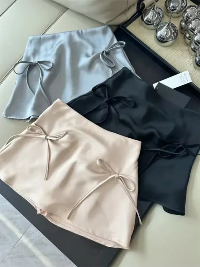 Arco rendas cetim y2k mini saias femininas rosa estilo coreano a linha saias verão 2024 cintura alta sexy magro doce saias curtas novo