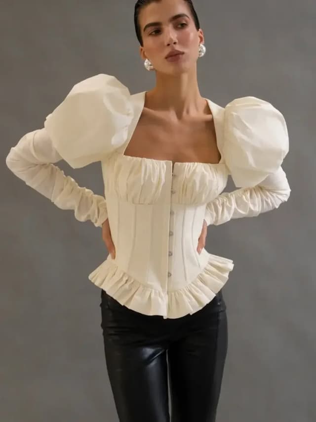 Chique espinha de peixe plissado camisa curta feminina casual pescoço quadrado inchado mangas completas sem costas blusa fina 2026 senhora clube festa topo novo