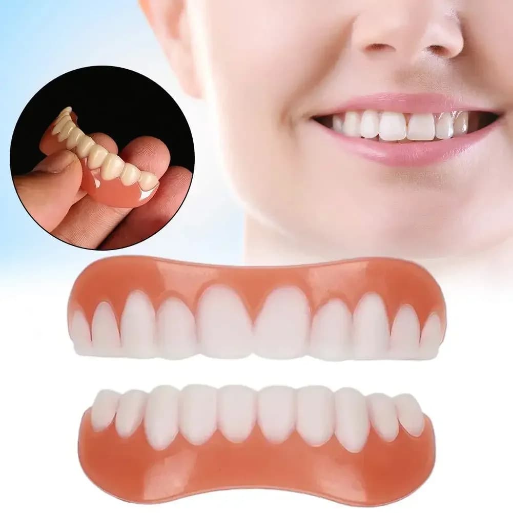 Dentes falsos de silicone, folheados superiores e inferiores, folheados perfeitos para rir, pasta de dentaduras, dentes falsos, chaves, dentes confortáveis