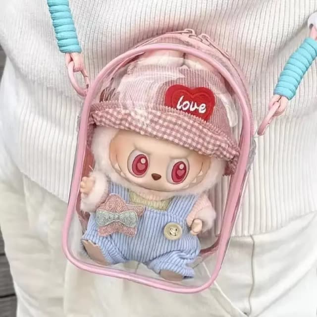 Para 15cm labubu v2 sentado festa algodão boneca crossbody saco de armazenamento pvc saco de exibição de bonecas bola de cabelo (sem bonecas)