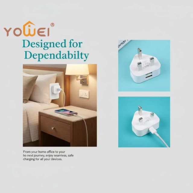 Carregador rápido universal de parede com tomada de 3 pinos padrão britânico, 5V/2.1A, com duas portas USB para carregar telefones e tablets.