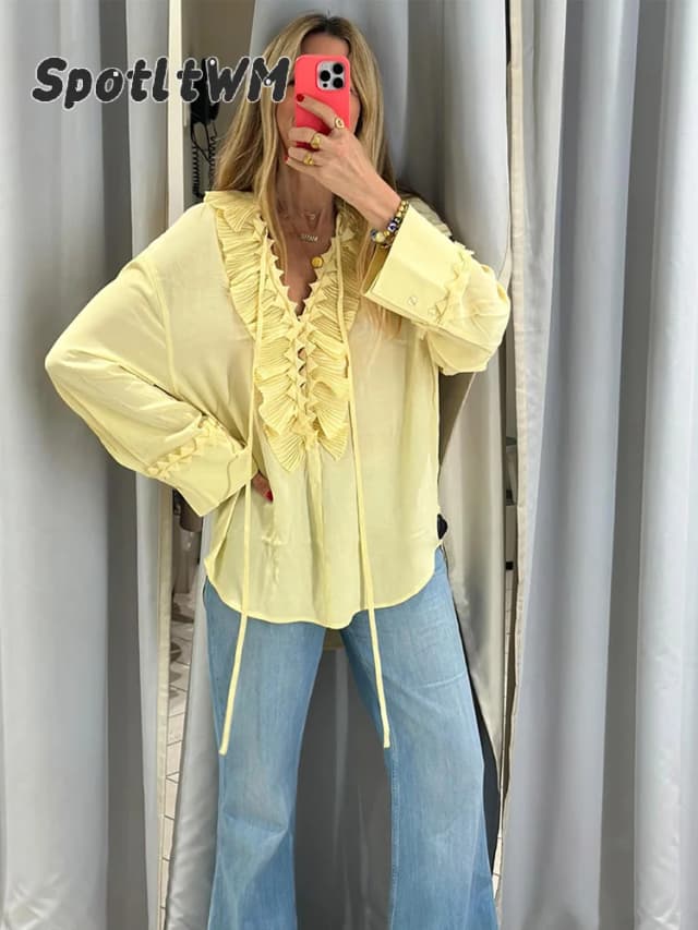 Mulheres casual amarelo babados topos moda decote em v rendas até manga longa solta t camisa 2025 verão senhora high street commute roupas