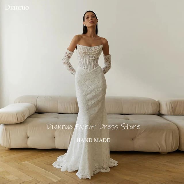 Dianruo requintado sem alças sereia vestidos de casamento pérolas luxo robe de mariée 2025 rendas apliques maxi vestidos de noiva personalizado