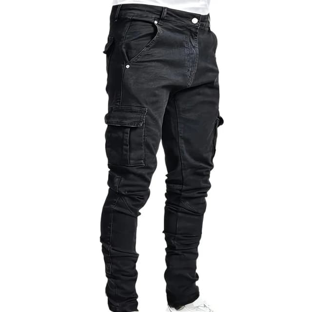 Homens rua elástico denim marca jeans pernas estreitas multi bolsos calças de carga casual fino ajuste uso diário corredores meados de cintura