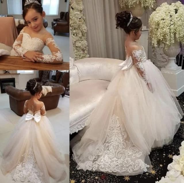 BABYONLINE Vestidos luxuosos de renda para meninas de flores |   Mangas compridas transparentes, laço grande e saia de tule real para casamentos