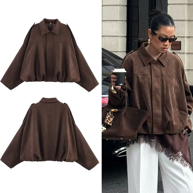 HH Moda de rua feminina sólida solta camurça textura casacos causal mangas longas morcego lapela zíper voar inverno jaquetas vintage