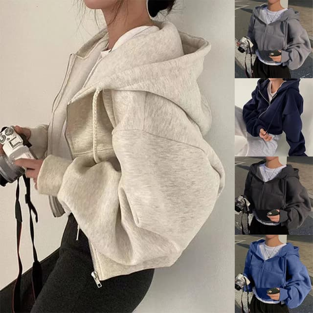 2024 primavera outono novo insfleece-forrado versátil recortado slims suaviza silhueta zip-up quente azul marinho moletom com capuz feminino