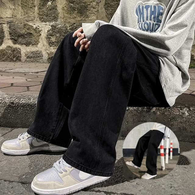Moda coreana clássico jeans masculino quatro estações solto em linha reta calças de perna larga rua hip-hop baggy estudante unisex calças