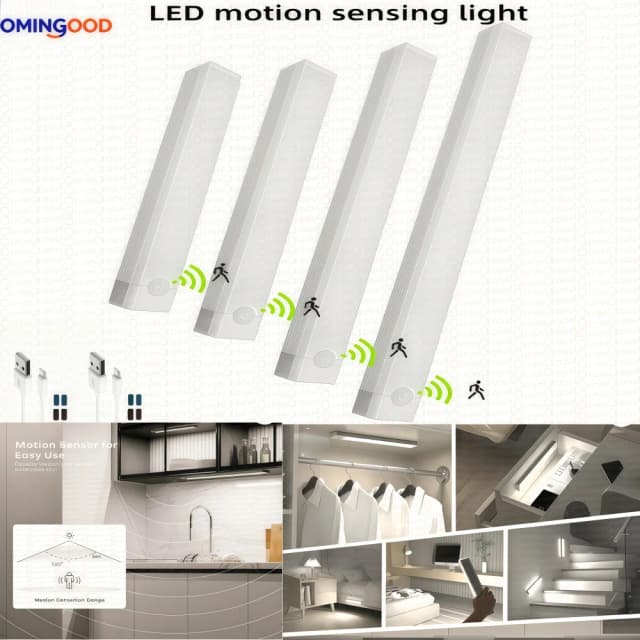 Sensor de movimento sem fio led night light usb recarregável longa tira barra lâmpada para armário cozinha guarda-roupa cabeceira escada tubo