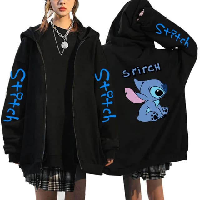 Camisola de grandes dimensões roupas femininas frete grátis disney lilo & stitch padrão zip-up hoodies outono inverno manga longa casaco quente