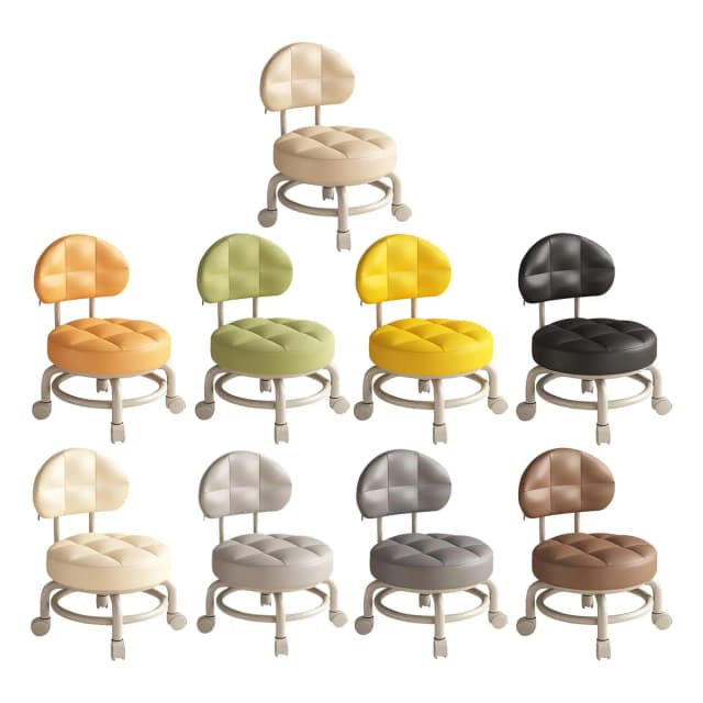 Low Round Rolling Stool com rodas, 360 ° de maquiagem rotativa, polia do encosto, fezes para cozinha, barbeiro, biblioteca, salão, garagem