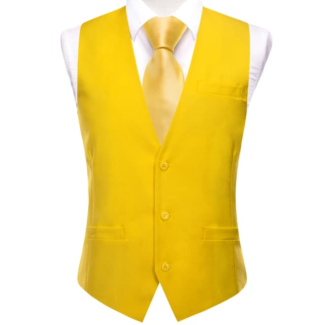 Novo amarelo claro colete masculino casamento sólido seda colete pescoço gravata lenço abotoaduras conjunto para terno masculino festa de negócios presentes designer