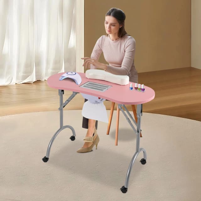Mesa dobrável para unhas com rodas Mesa de manicure portátil multifuncional com tampo de mesa de MDF para residências