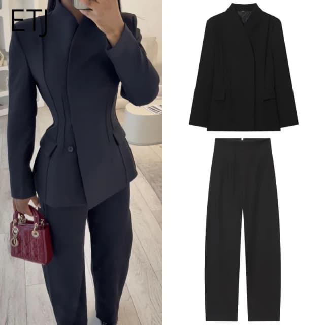 ETJ 2025 novo design de moda feminina corte tridimensional gola alta jaqueta de terno fino e calças casuais combinando