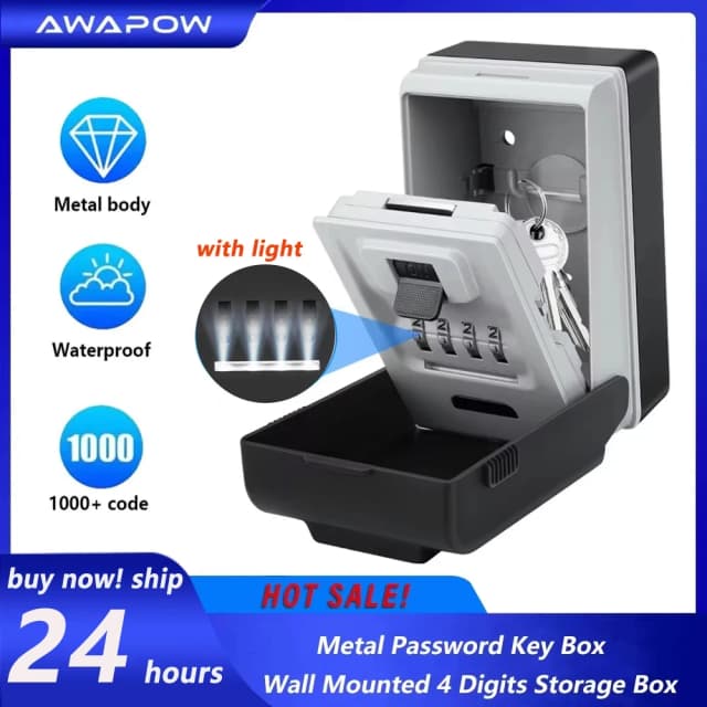 Awapow caixa de chave de senha de metal com luz led montada na parede grande capacidade 4 dígitos armazenamento keybox à prova dwaterproof água anti roubo caixa segura